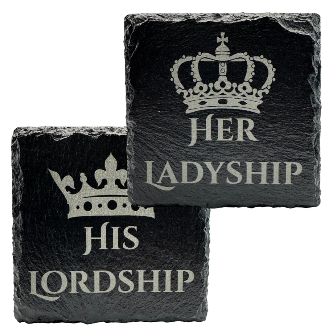 Slate Drinks Coasters Set of 2 – His Lordship & Her Ladyship Crown Design – Natural Slate Coaster Set (10cm) – Couples Gift for Wedding, Anniversary, New Home – Black
