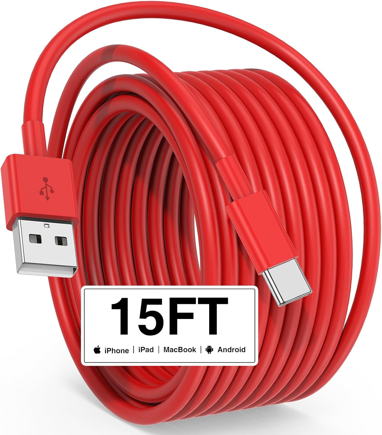 Long USB C Cable 15FT, Extra Long USB C Fast Charging Cable 5m for iPhone 16 15 Charger Cord, USB A to USB C Cable 15 Foot Type C Charger for iPhone 16 15 Pro Max,Samsung,Google Pixel,iPad Pro-Red