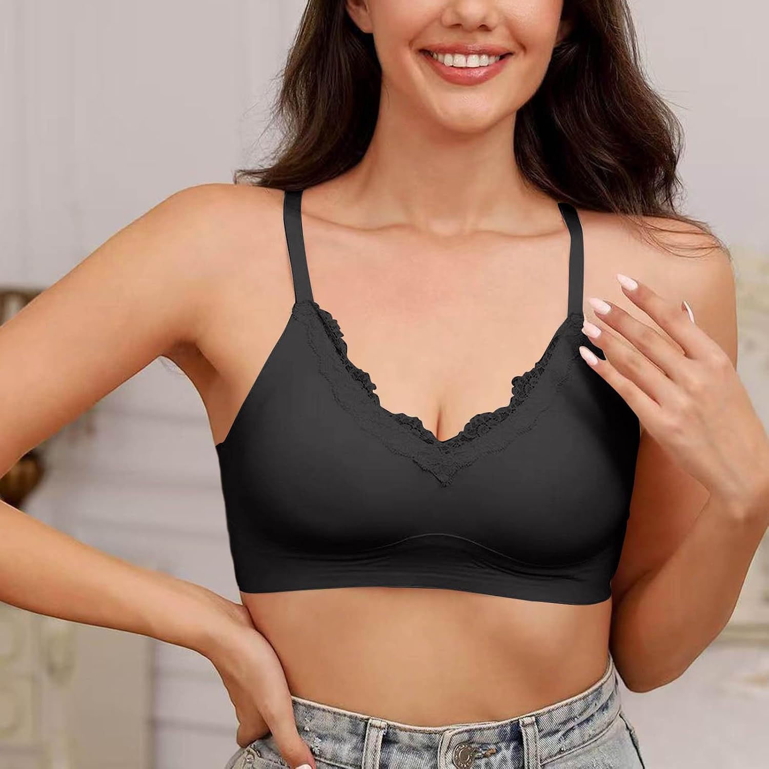 Women Seamless Bra No Underwire Push Up Anti Sagging Bralettes Everyday Supportive Lace V Neck Comfortable Bras