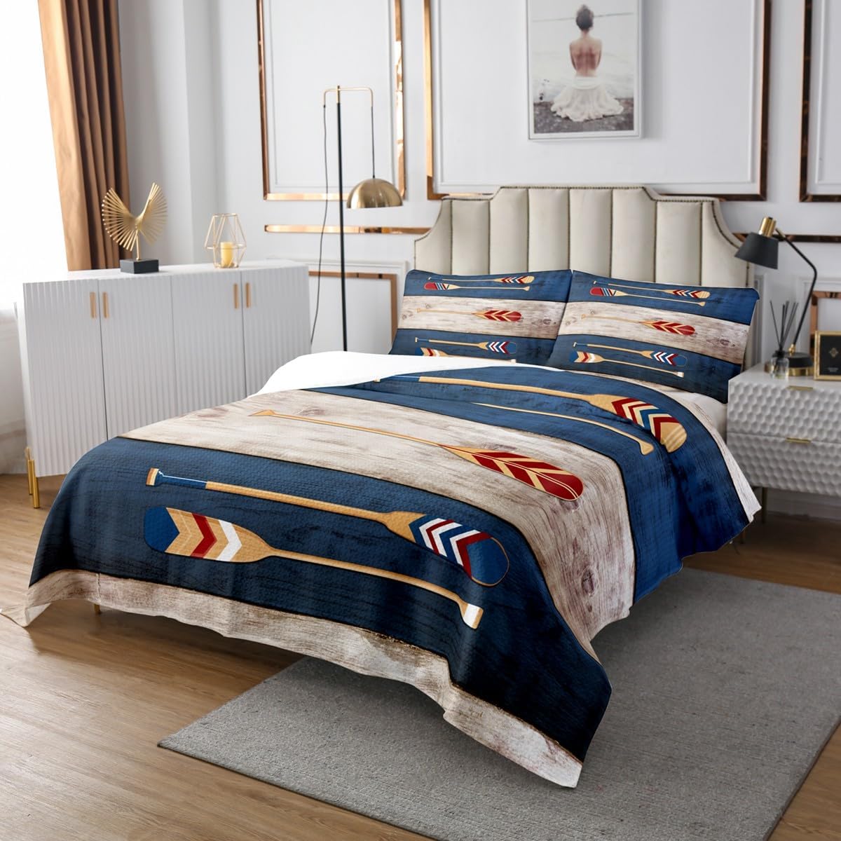Lake House Bedspread Set Queen Size for Kids,Boys Girls Vintage Rustic Farmhouse Quilt Set Boating Nautical Themed Coverlet Lake Paddles Bedspread 3 Pcs Decorative Bedding Quilted with 2 Pillow Shams