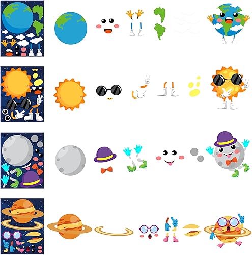 Miniatura 3 de WATINC Juego de 45 calcomanías para hacer tu propio planeta, 9 planetas del sistema solar, calcomanías de fiesta de cumpleaños para niños, hazlo tú