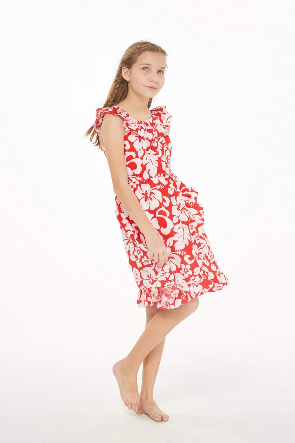 Girl Luau Wrap Ruffle Dress in Classic Red Hibiscus