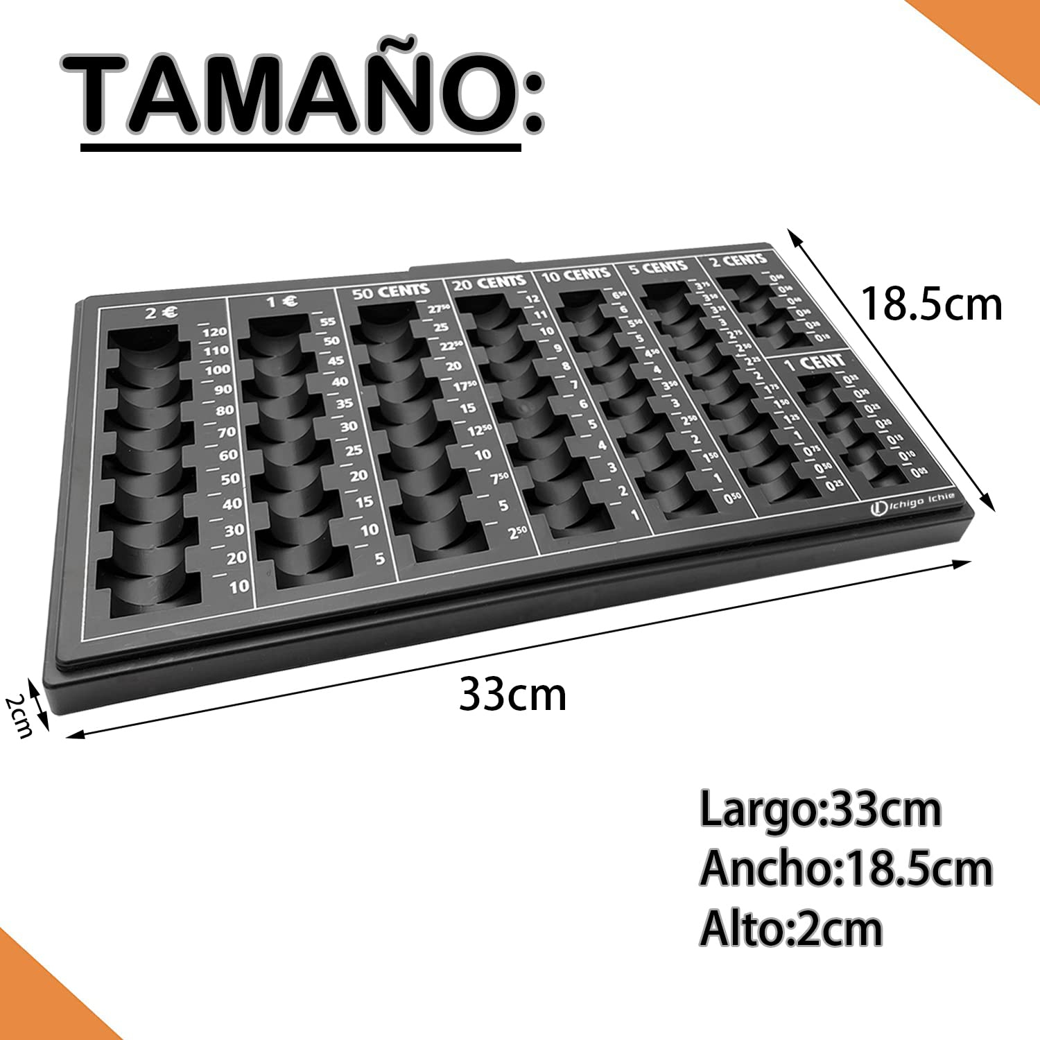 Bandeja para Contar Monedas, Bandeja para Monedas con 8 Compartimentos Incluidos Euros y Céntimos, Almacenamiento de Monedas, Organizador de Monedas, 33 x 18,5 x 2 cm, Negra