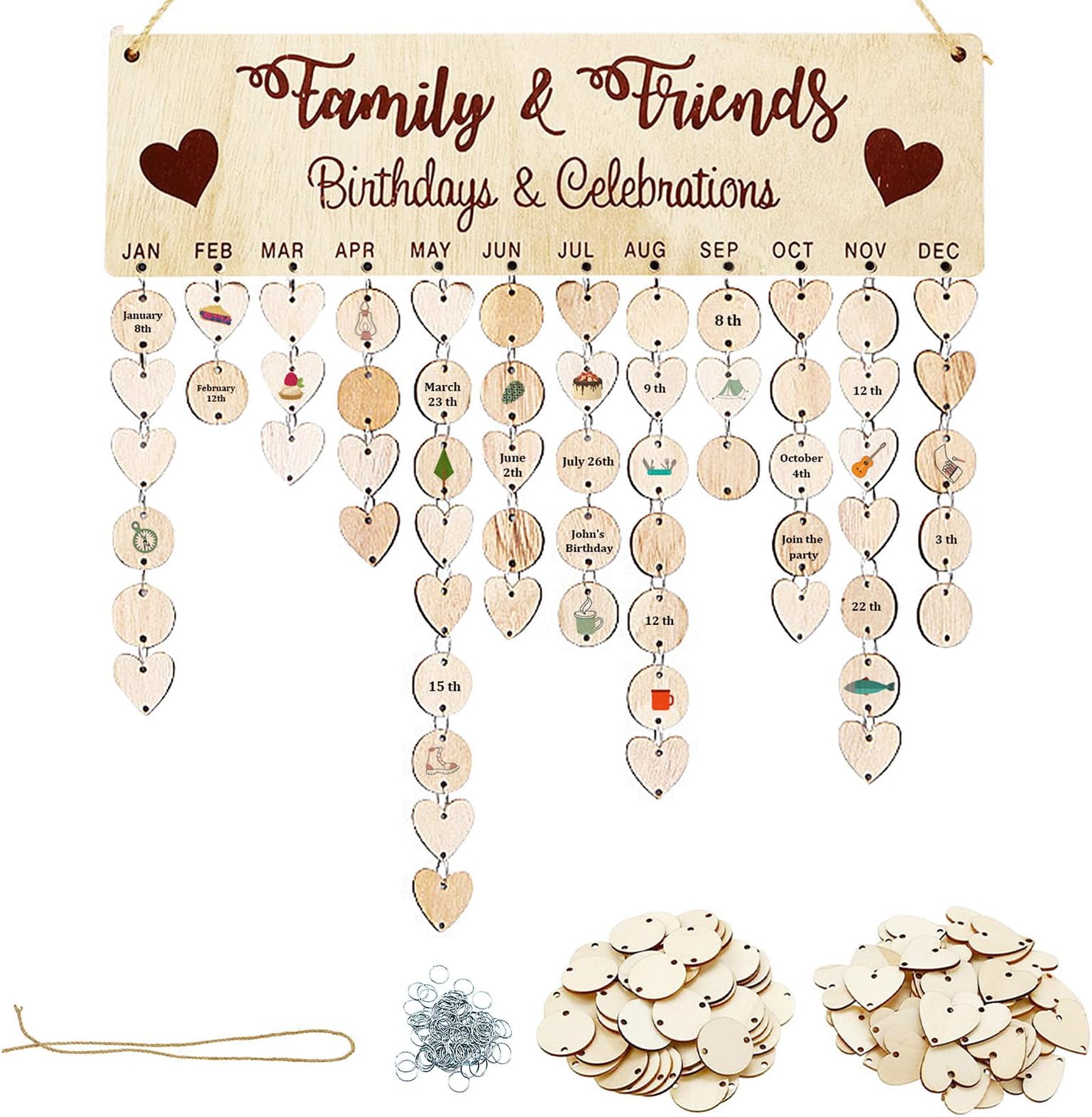 LTHERMELK Family Friends Birthday Reminder Calendar Hanging Birthday Calendar DIY Wooden Calendar Wall Hanging Birthday Memory Plaque Board for Home Party Office Wall Decor