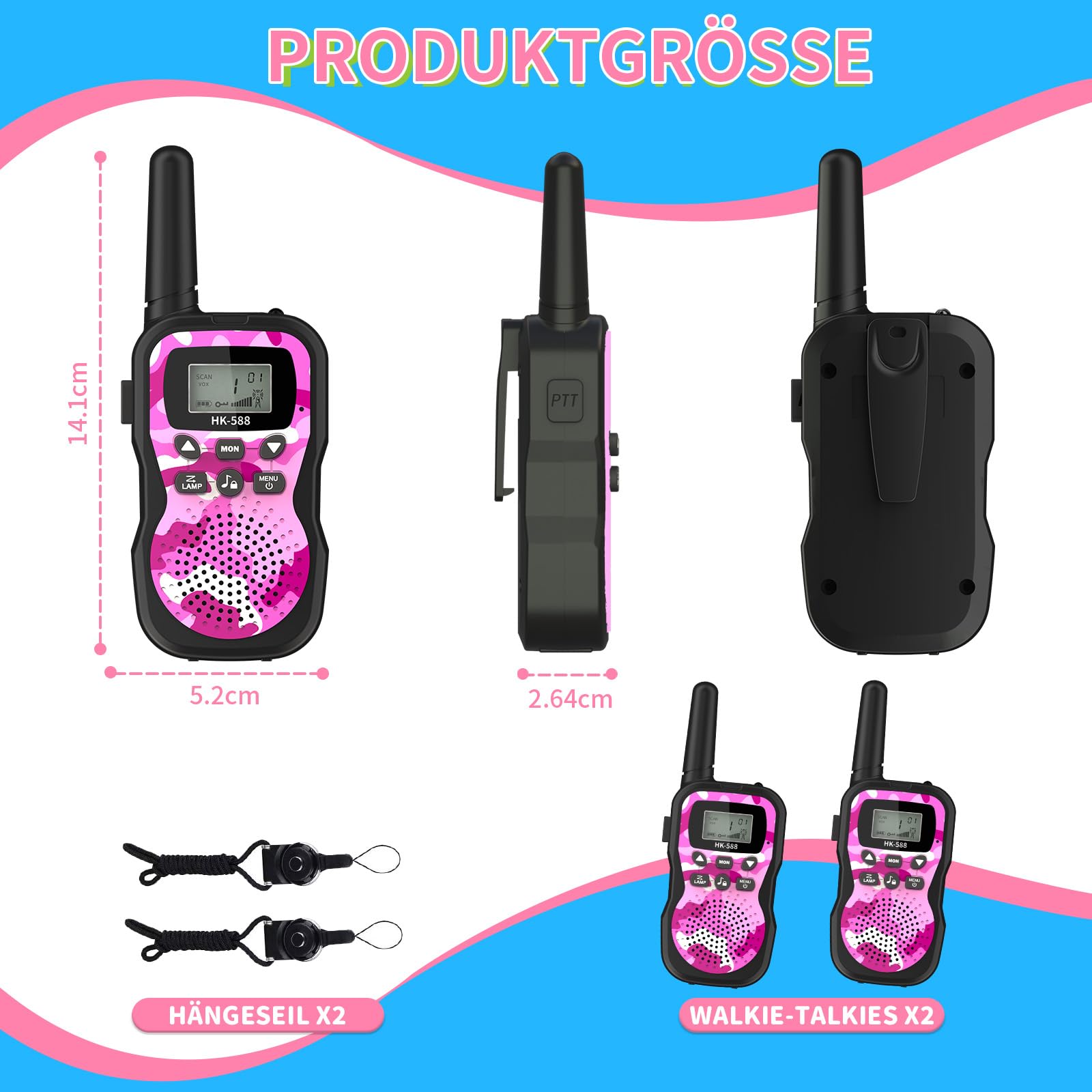 2er Set Walkie Talkie Kinder Aufladbar, 8 Kanäle, 48h Betrieb, Taschenlampe, 3 Kilometer Walkie Talkie Set，Geschenk für Jungen & Mädchen ab 3 Jahren – ideal für Camping, Spielplatz & Spielen