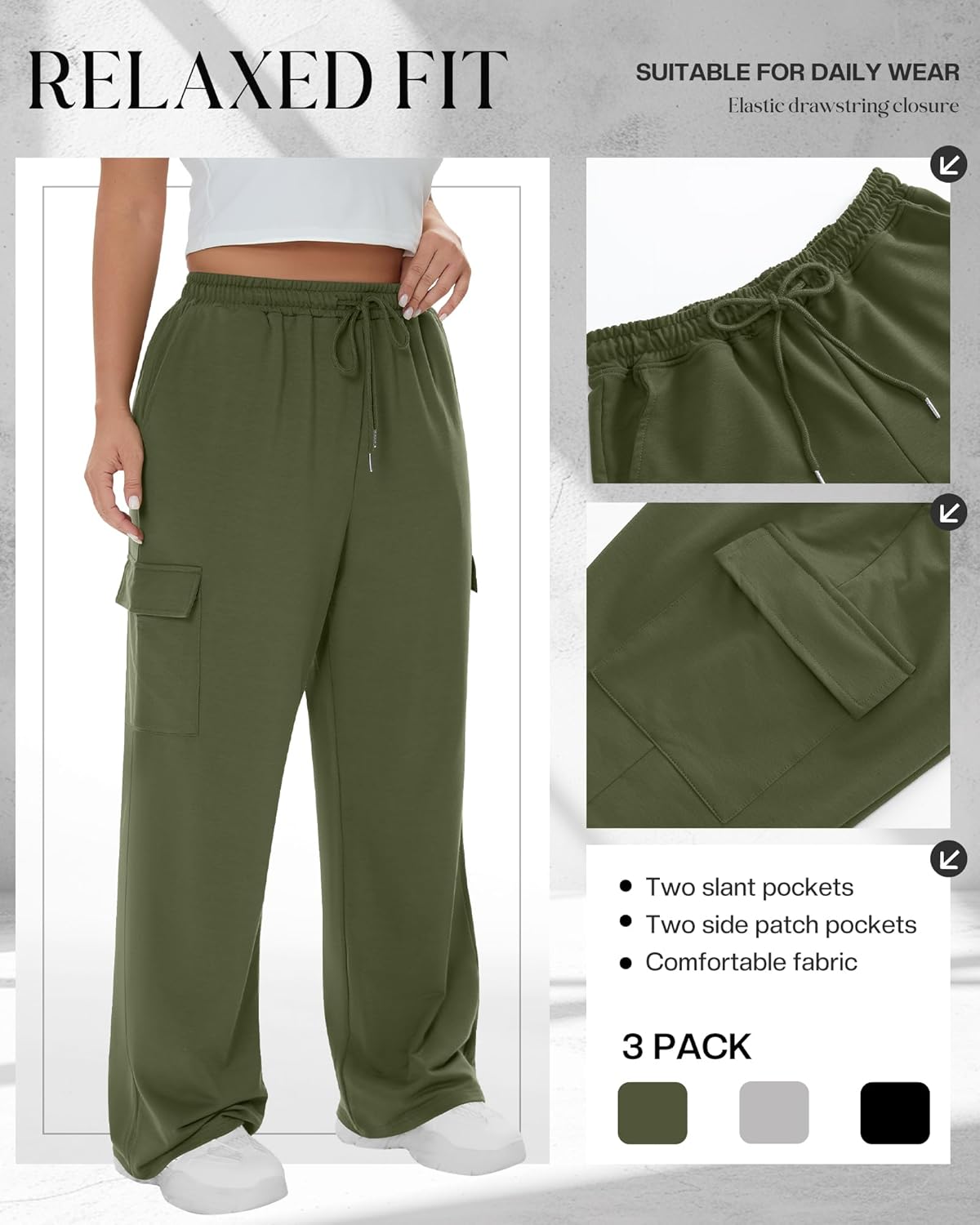 Neer 3 Pack Women's Plus Size Cargo Sweatpants Wide Leg Drawstring Bottom Pants Baggy Loose Casual Athletic Trousers - Image 6