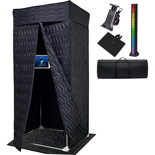 Portable Vocal Booth, Soundproof Recording Booth for Home Studio & Podcast, Recording Studio Equipment with Phone & Tablet Holder, Mixer Stand, Floor Mat & LED Lights