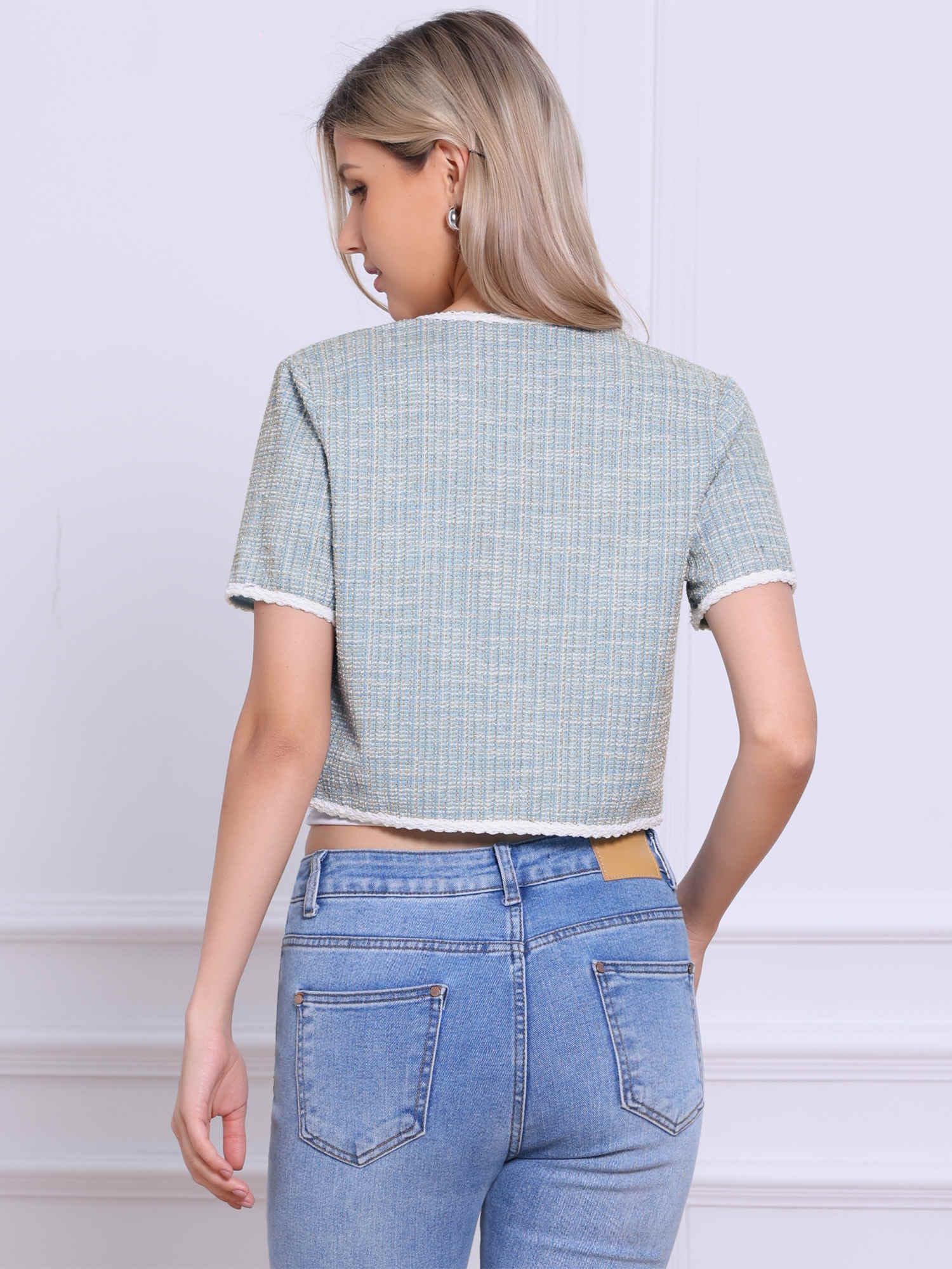 Allegra K Veste d'été à manches courtes en tweed pour femme, col rond, boutons sur le devant