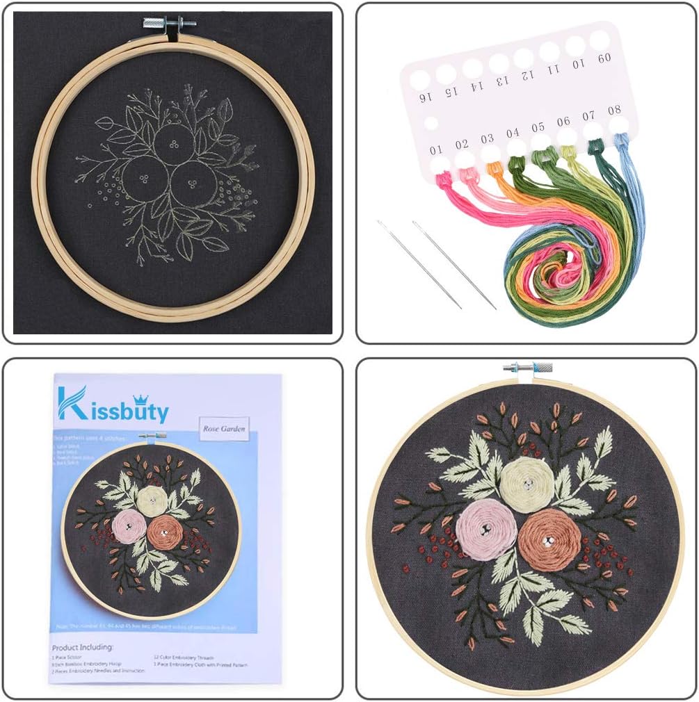 Exclusive Discount 🔥 Full Range of Embroidery Starter Kit with Pattern, Kissbuty Cross Stitch Kit Including Stamped Embroidery Fabric with Floral Pattern, Bamboo Embroidery Hoop, Color Threads and Tools Kit (Pretty Roses)