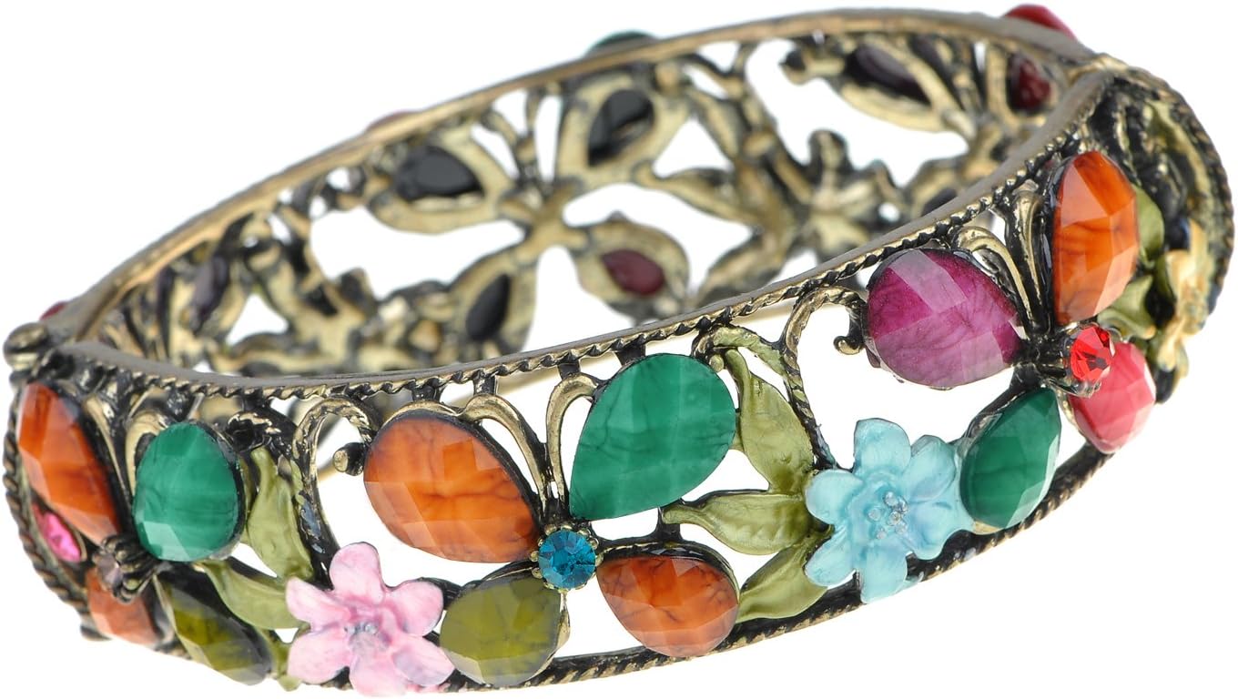 Alilang Antique Vintage Multicolor Rainbow Crystal Rhinestone Flower Garden Cuff Bracelet Bangle