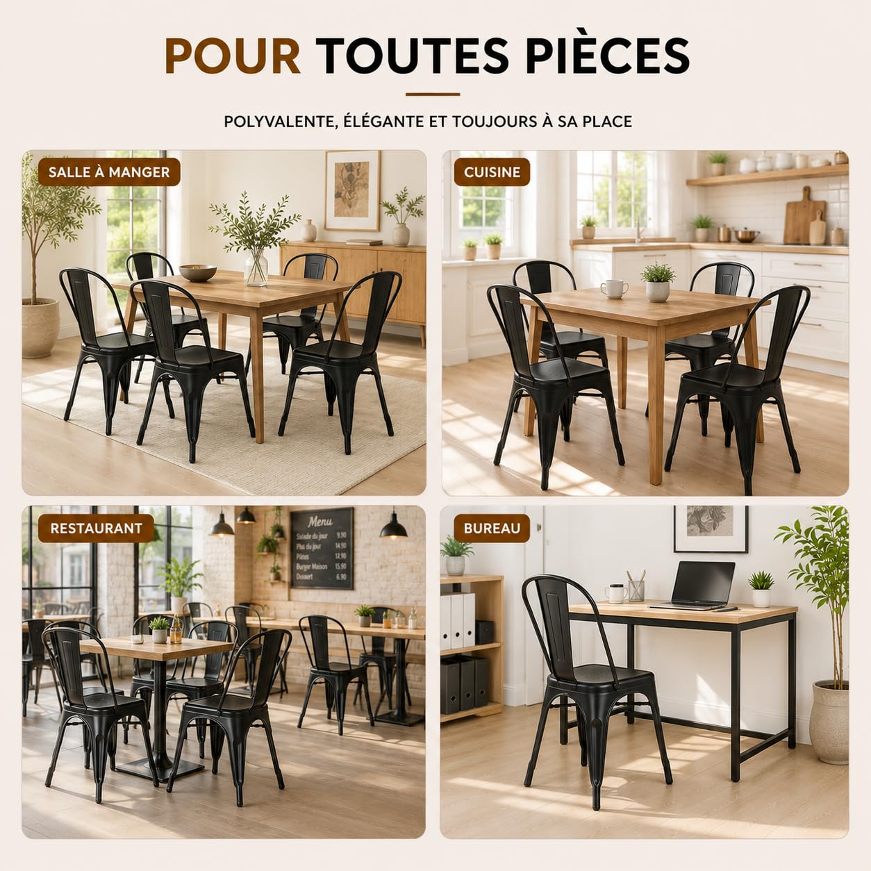 Kosmi Set 4 Sedie Industriali in Metallo Nero Opaco – Sedie Impilabili per Sala da Pranzo, Cucina, Soggiorno, Ufficio e Ristorante – Struttura in Acciaio Robusta – Portata 120 kg