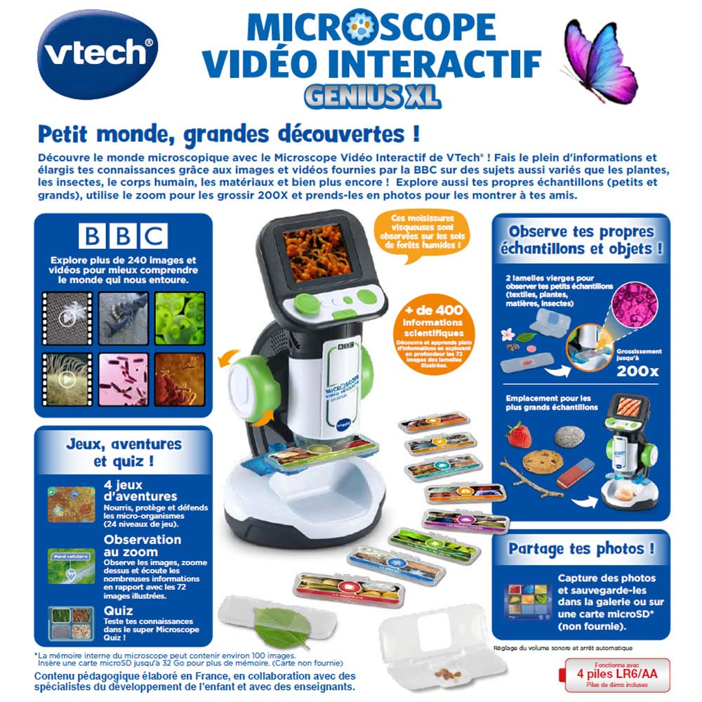 VTech Genius XL Microscope Vidéo Interactif Écran Couleur Numérique Photos Vidéos BBC Jouet Scientifique Éducatif Enfant 7 Ans