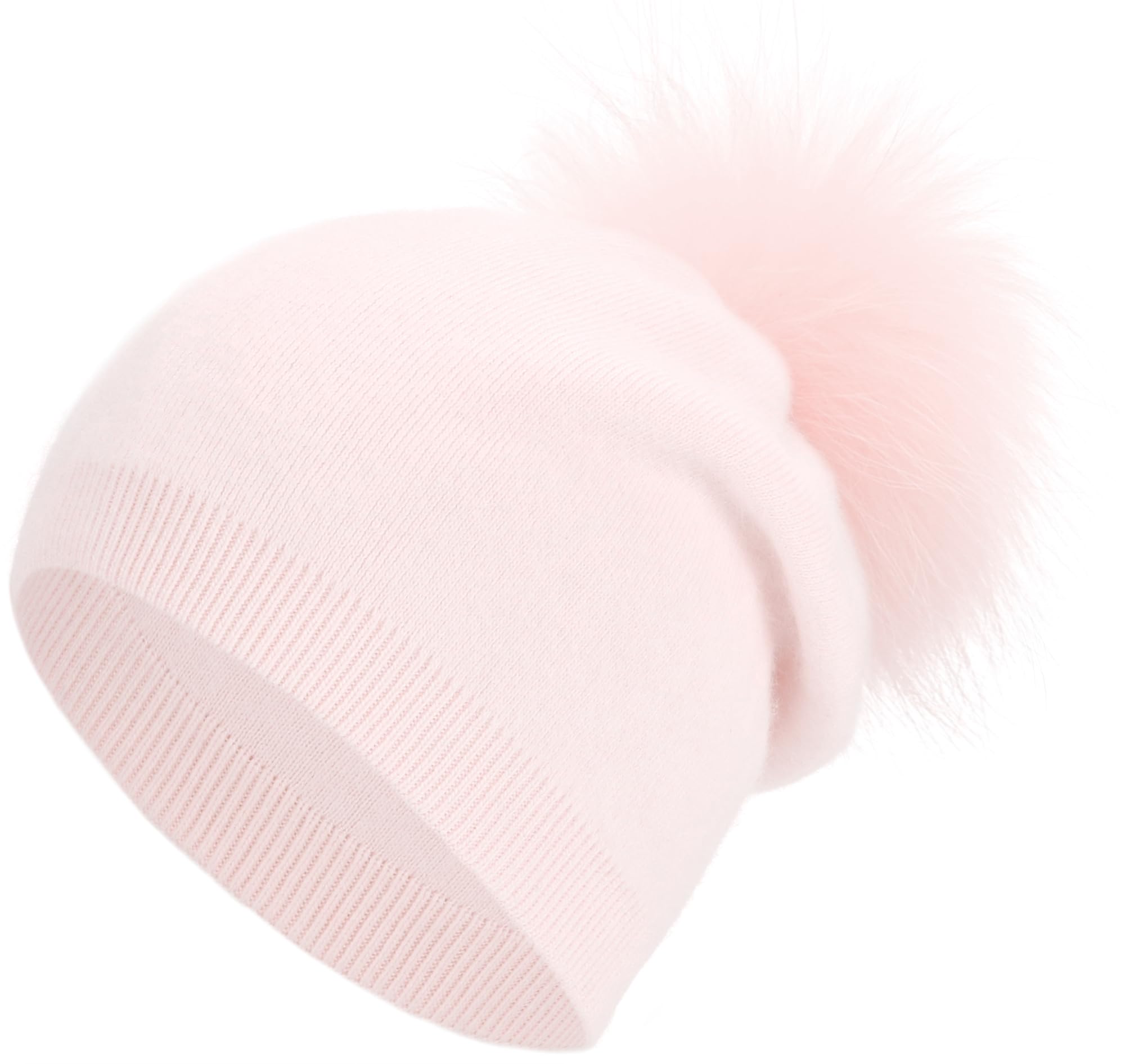 Women's Real Fur Pom Pom Cashmere Wool Blend Winter Slouchy Knit Beanie Hat