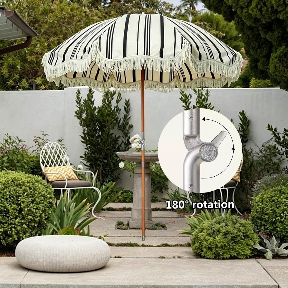 200 cm Parasol Plażowy w Paski z Frędzlami, Boho Składany Parasol Ogrodowy z Drewnianym Trzonkiem z Filtrem UPF 50+ do Basenu, Ogrodu