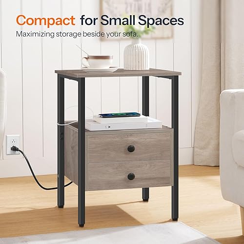 Miniatura 3 de HOOBRO Mesa auxiliar con estación de carga, mesita de noche con 2 cajones, puertos USB y tomas de corriente, mesita de noche para espacios pequeños,