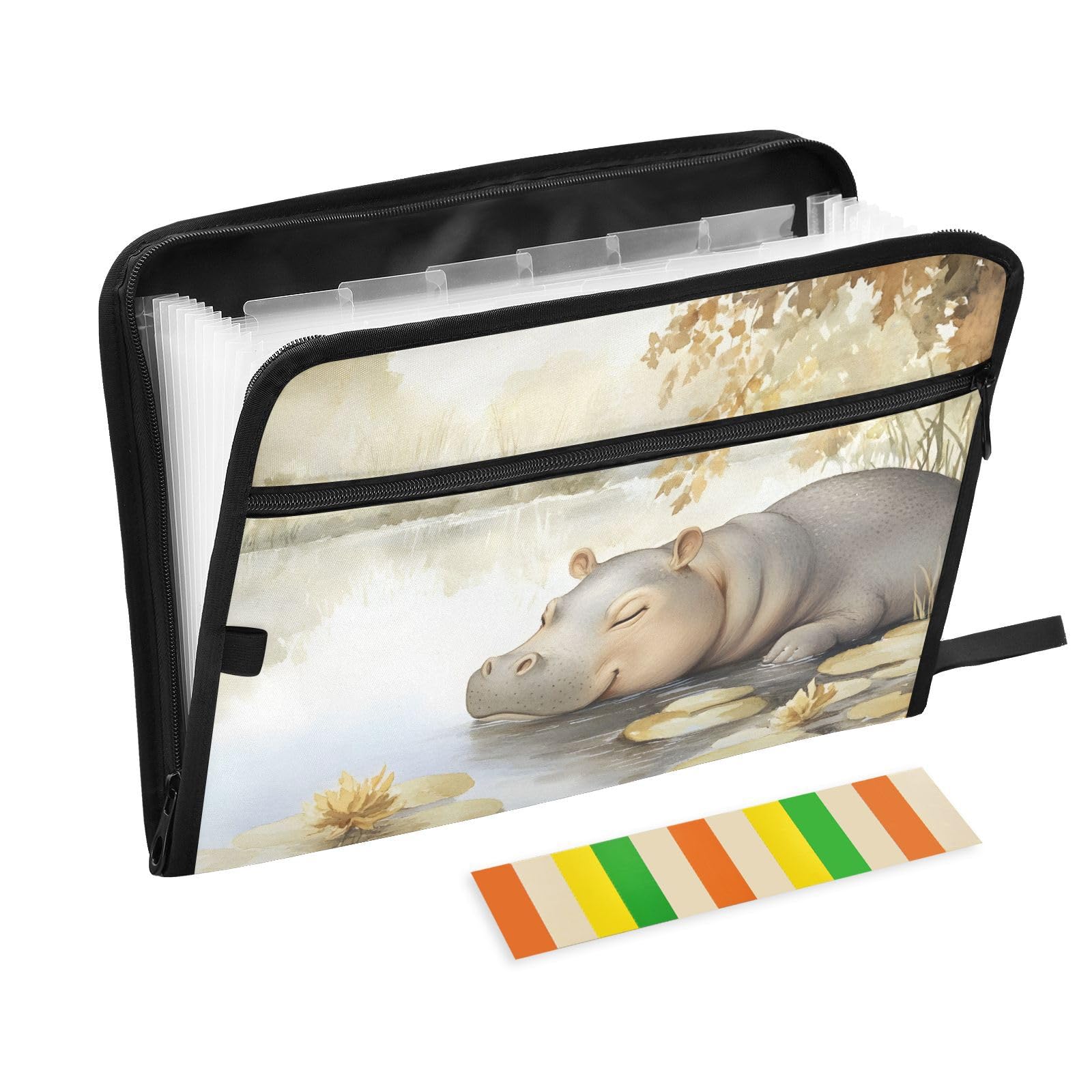 KYZSXZ Expanding File Folder Cute Hippo Print, 13 Pockets with Label Portable Documents Pouch Bag Legal Size Accordion Document Organizer