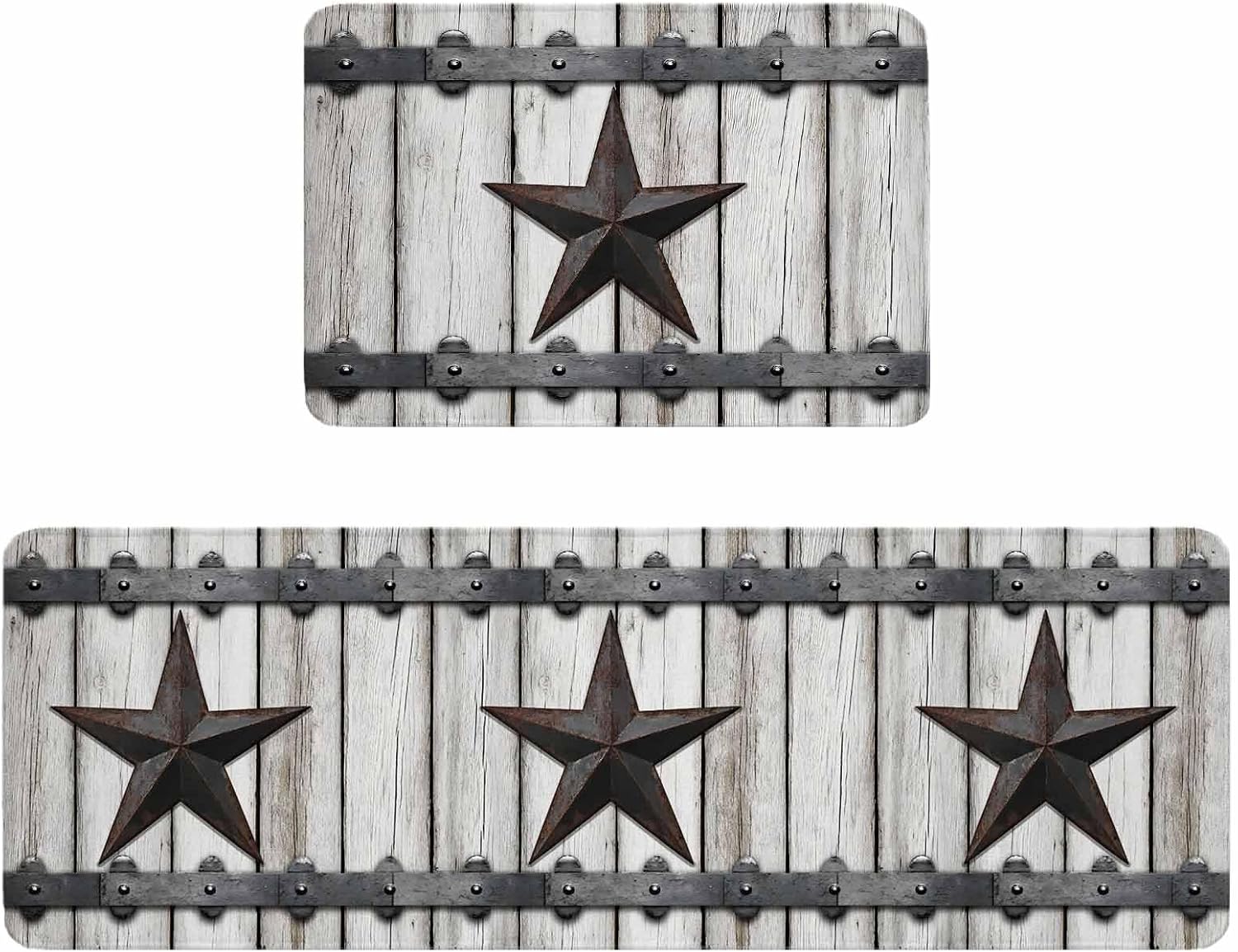 Texas Star Retro Kitchen Rugs and Mats Set of 2, Non-Slip Kitchen Sink Mat, Vintage Brown Wooden Art Washable Doormat Bathroom Rugs Runner for Bedroom/Living Room 19.7"x23.6"+19.7"x47.2"