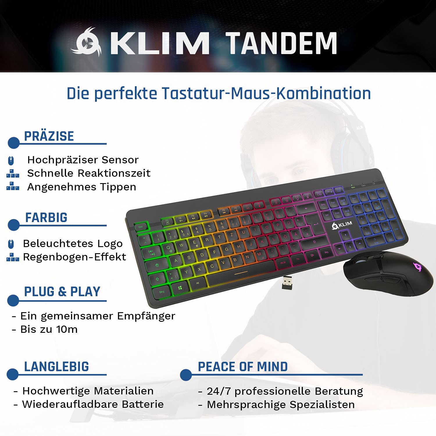 KLIM Tandem Souris et clavier sans fil QWERTZ + NOUVEAU 2022 + Fin Durable Ergonomique + Clavier de jeu avec souris sans fil pour ordinateur portable Mac Xbox PS4 PS5 + Batterie intégrée longue durée