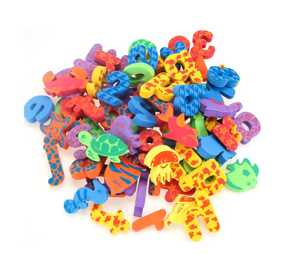 Kids Bath Toys w/ Mesh Organizer Bag - Pack of 84 pcs- Baby Educational Bathroom Alphabet Toys Doopo - Non-Toxic EVA Letters Sea Animals Numbers
