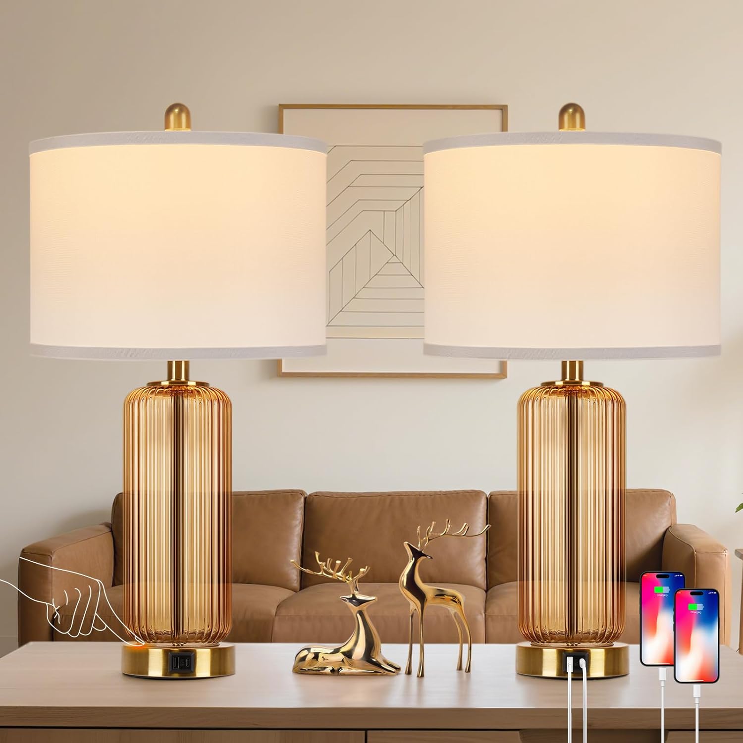 Table Lamps Set of 2 with Touch Control, 3-Way Dimmable Nightstand Lamp with Vertical Grained Glass, Bedside Table Lamps, 27" Modern Glass Bedside Lamps with USB A+C Ports, Brown Desk Lamp for Bedroom