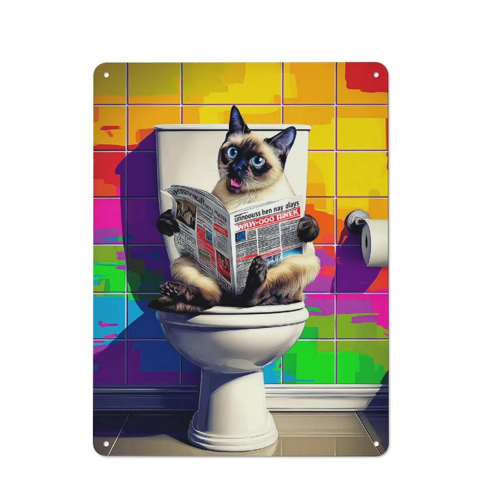 Junmoney Cat On Toilet Reading Newspaper -3 Classic Metal Plaque 40X30cm Featuring Bistro Wall Plaque For Kitchen, Cafe, Pantry Or Dining Room