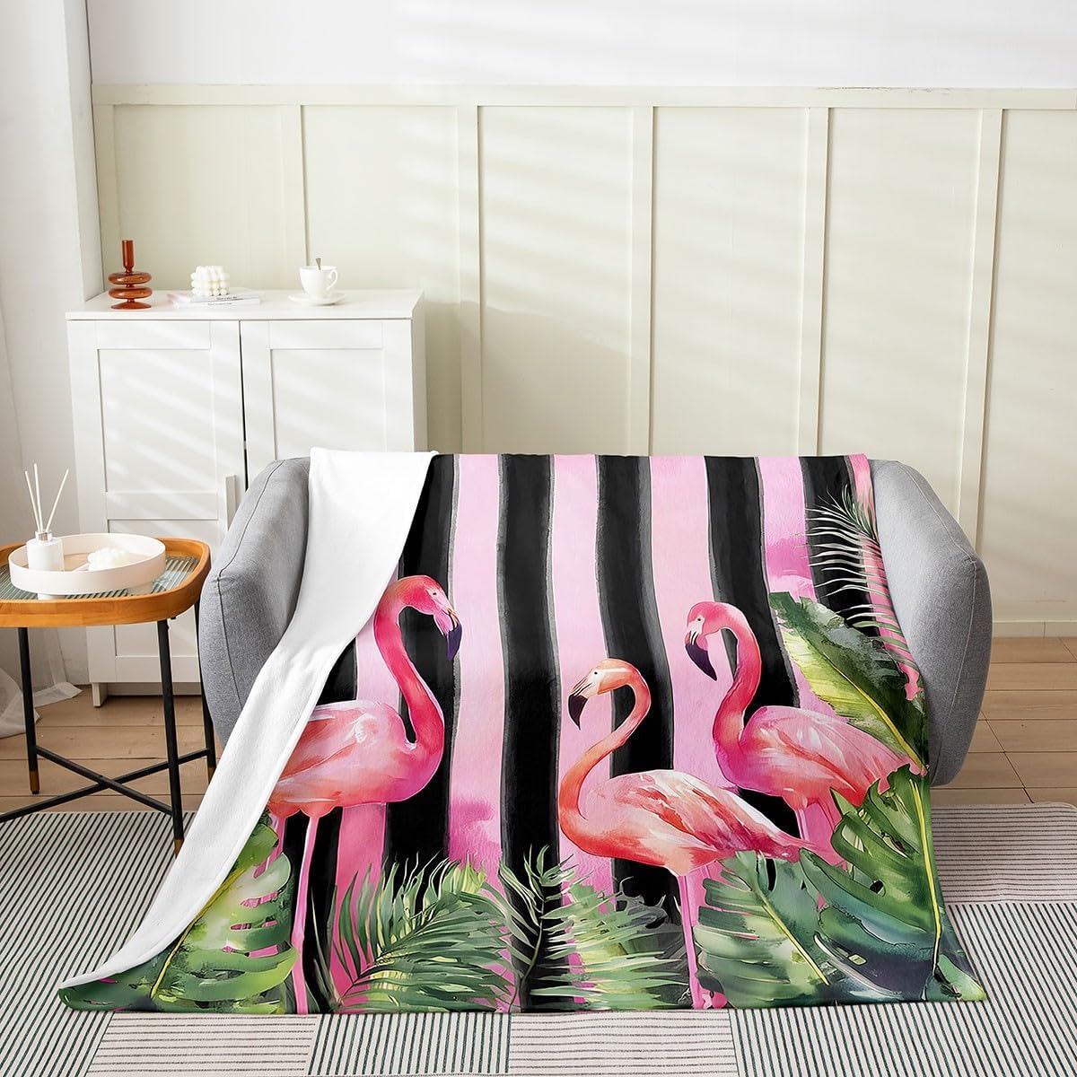 Erosebridal Flamingo Throw Blanket Queen 90x90,Tropical Fuzzy Blanket Palm Tree Leaf Flannel Blanket for Kids Girls Women Teens,Pink and Black Geometric Striped Bed Blanket,Pink Animal Sherpa Blanket