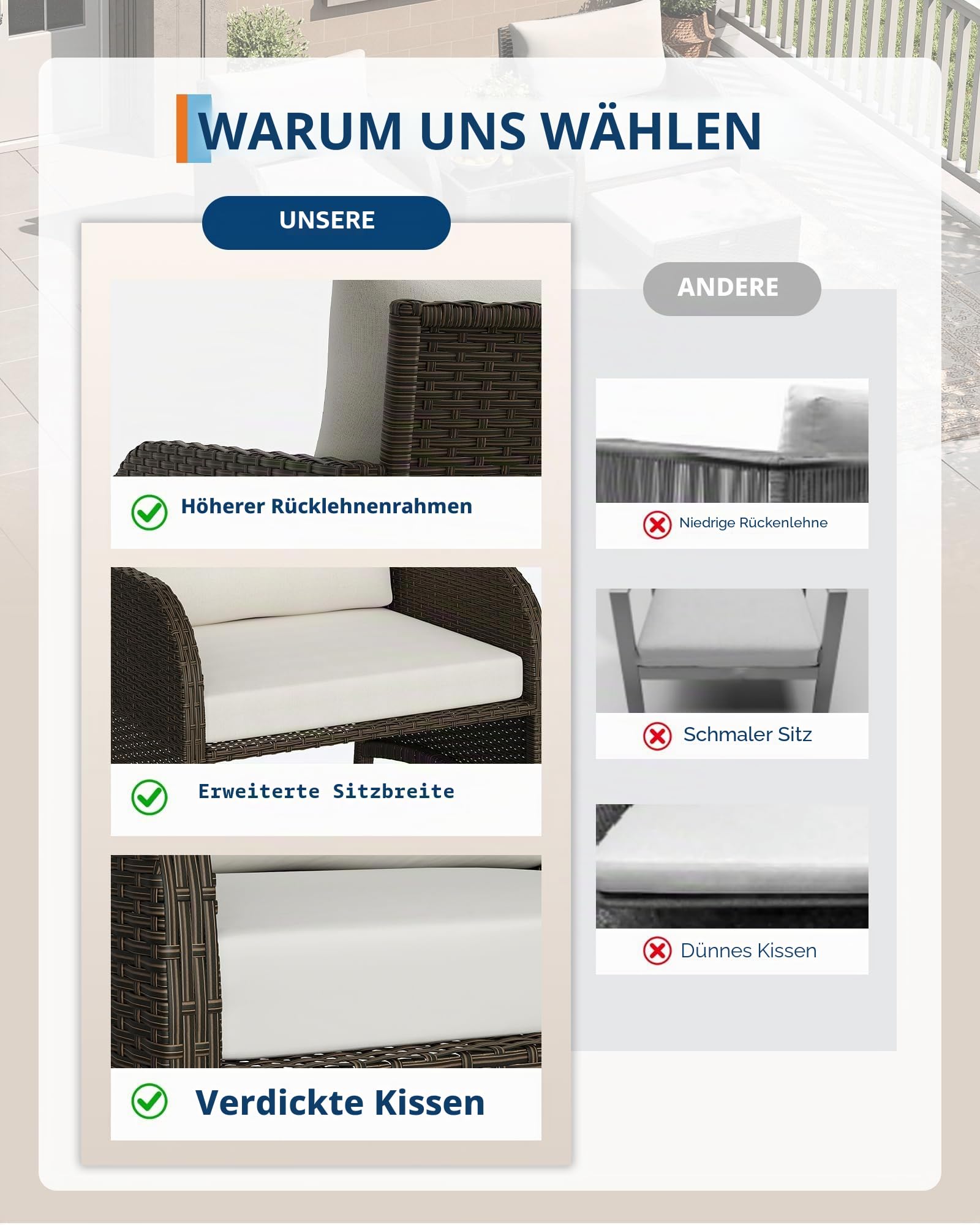 Rattan Gartenmöbel Set 5 Teilig, Lounge Möbel Outdoor Balkon | Bequemen Polstern, Ottomans,Gehärtetem Glas Couchtisch, Garten,Veranda,Terrasse,Wetterfestes ,Terrassenmöbel