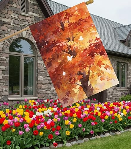 Miniatura 11 de Paisaje de fantasía con piedras, lámparas, flores, árboles, luna y mariposas, bandera de jardín de 12 x 18 pulgadas, pequeña vertical de doble cara