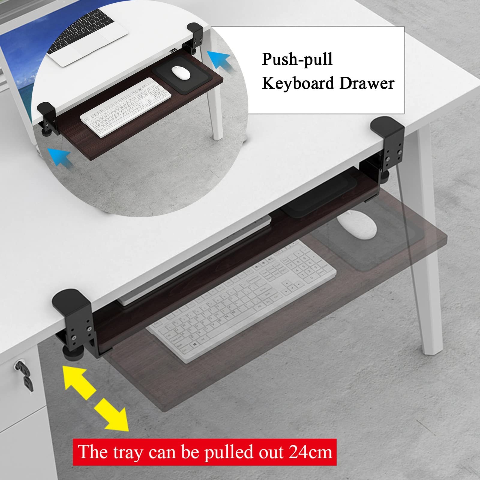 Ergonomische Tastaturablage unter dem Schreibtisch mit Handgelenkauflage, kein Bohren, ausziehbare Tastaturschublade, 75 x 24 cm, Schwarz
