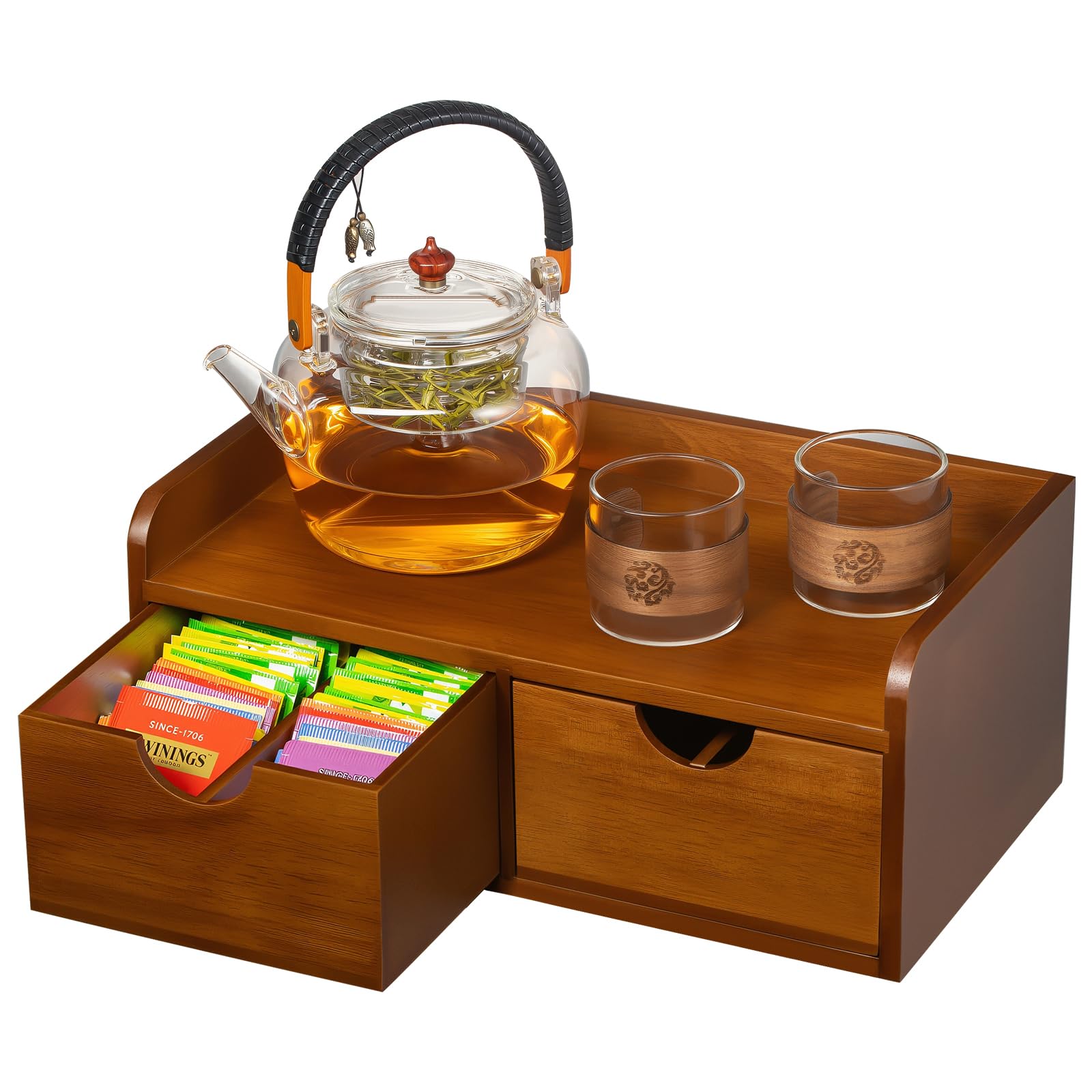 Teebeutel-Organizer aus Akazienholz, Tee-Organizer und Aufbewahrungsbox, Teebeutelhalter mit Schublade, Teestation, Truhe für Arbeitsplatte, Küche, Büro, Kaffeekapsel-Organizer