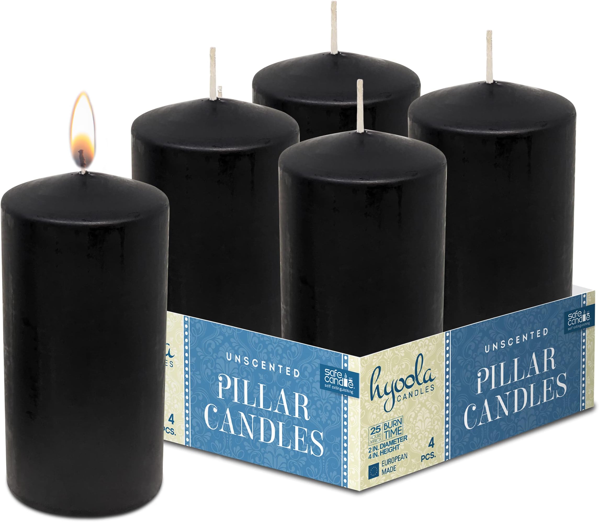 Black Pillar Candles 2x4 Inch - 4 Pack Unscented Pillar Candles - European Made
