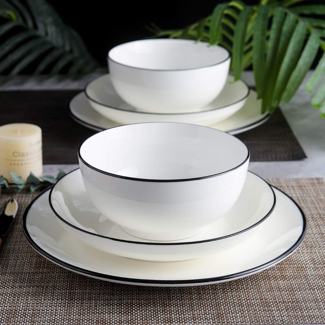 YOLIFE 26 Ounce Cereal Bowls, Ceramic Soup Bowls Set of 6, 6 inch White Salad Bowl for Breakfast, Oatmeal, Rice, Pasta, Dishwasher Microwave Oven Safe(Black Trim) - Image 2