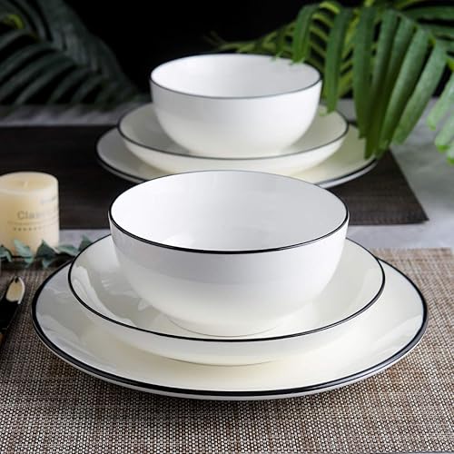 Miniatura 2 de YOLIFE Juego de 6 cuencos de cerámica para cereales, cuencos de porcelana blanca de 26 onzas para ramen de sopa (borde negro)