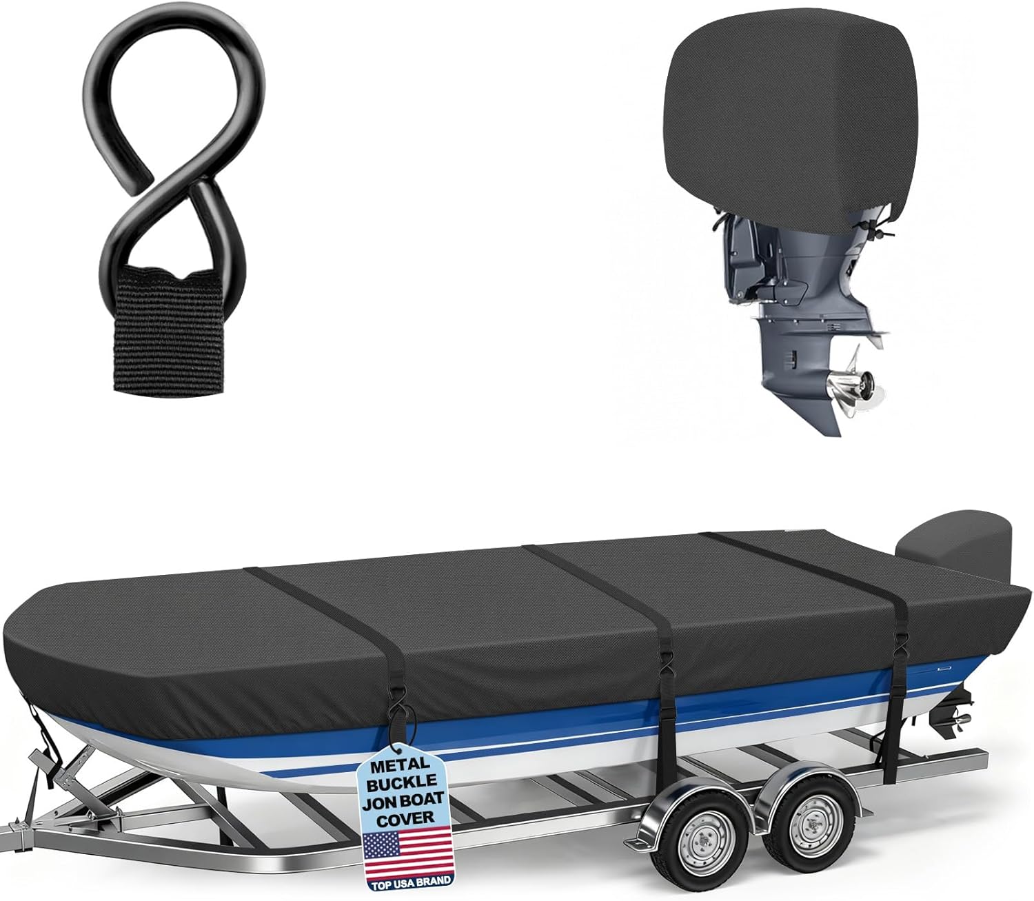 1200D Jon Boat Cover 16 ft with Heavy Duty Metal Buckles,Waterproof Heavy Duty Cover,Marine Grade Polyester Canvas Replacement with Motor Cover,Black