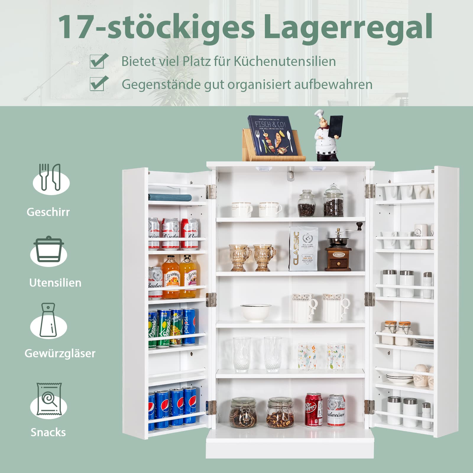 GOPLUS Hoher Lagerschrank 104 cm mit 2 Türen, freistehendes Aufbewahrungsmöbel mit verstellbaren Regalen, Kippsicherung, Vorratsschrank für Küche, Schlafzimmer, Garage (Weiß)