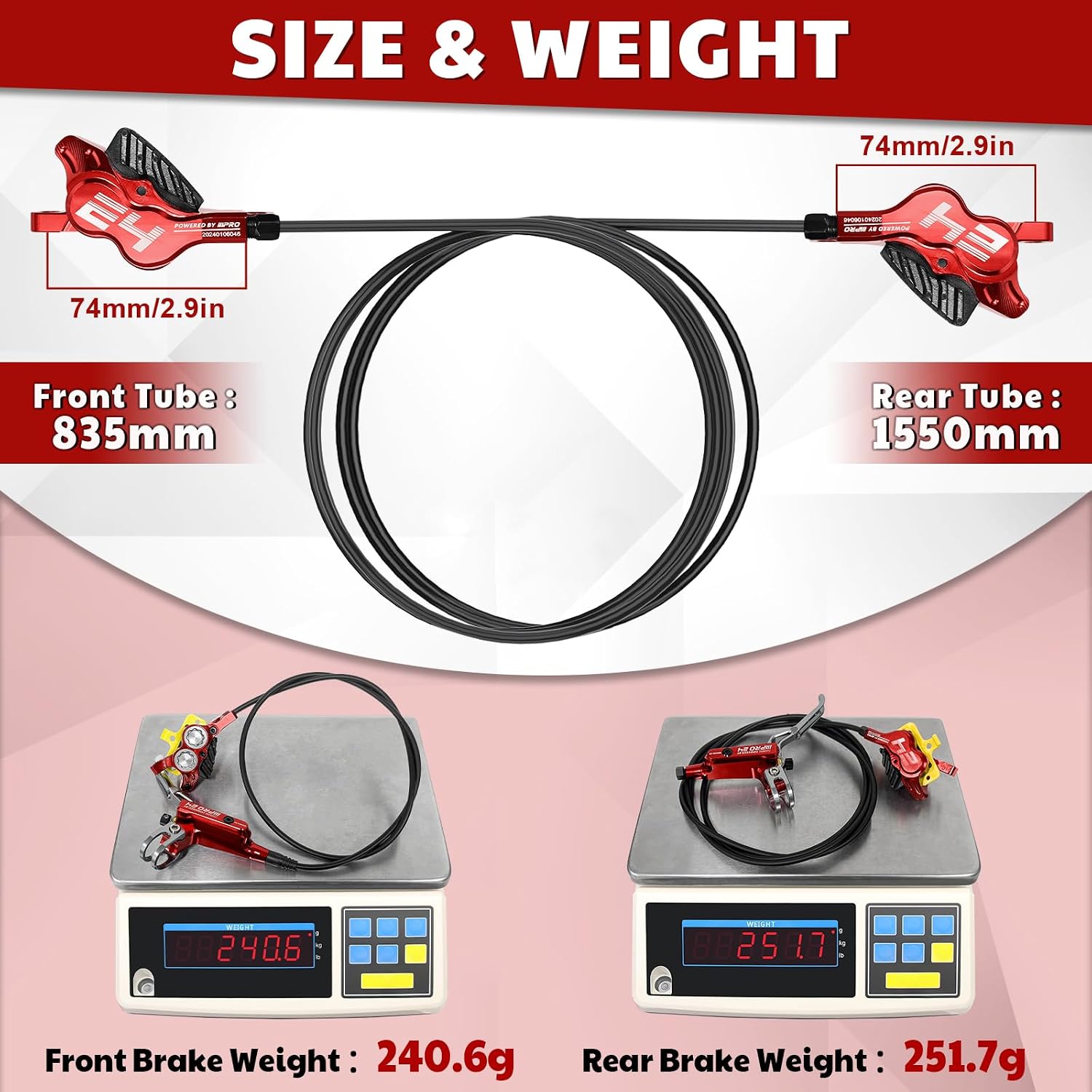 BUCKLOS IIIPRO MTB 4 Pistons Hydraulic Disc Brake Set Front 800mm and Rear 1550mm with Ceramic Brake Pad for Mountain Bike(Pre-Bled)