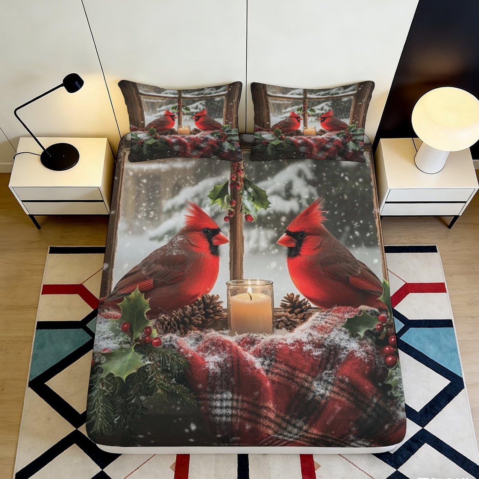 3D Printed Red Cardinal Bird Fitted Sheet Microfiber Winter Forest Candle Bed Cover for Bedroom Guest Room Decor 90x200x25cm