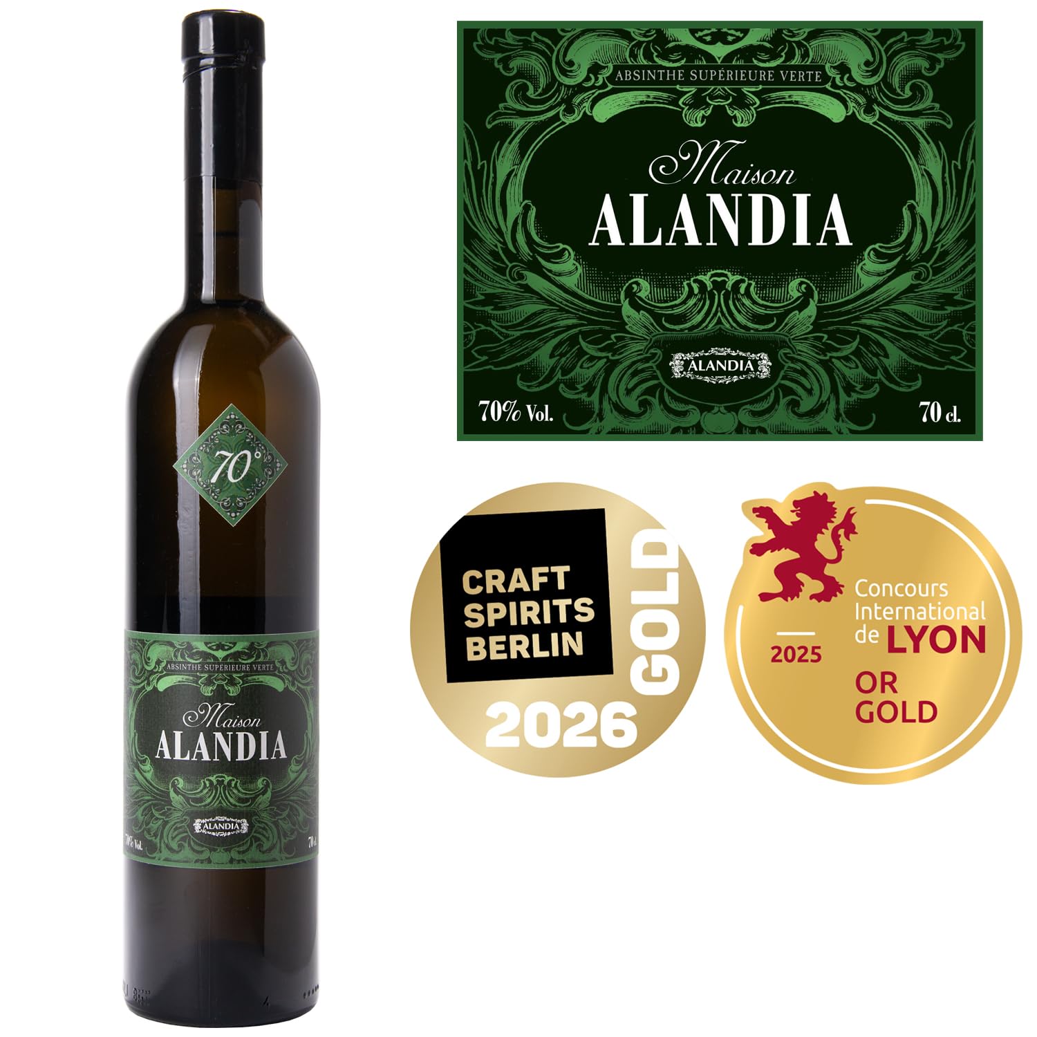 Absinth Maison ALANDIA | Gold prämierter Absinthe aus Deutschland | Traditionelle Rezeptur | Mit 16 Kräutern destilliert | 70% Vol. | Handverkorkte Flasche | (1x 0,7 l)