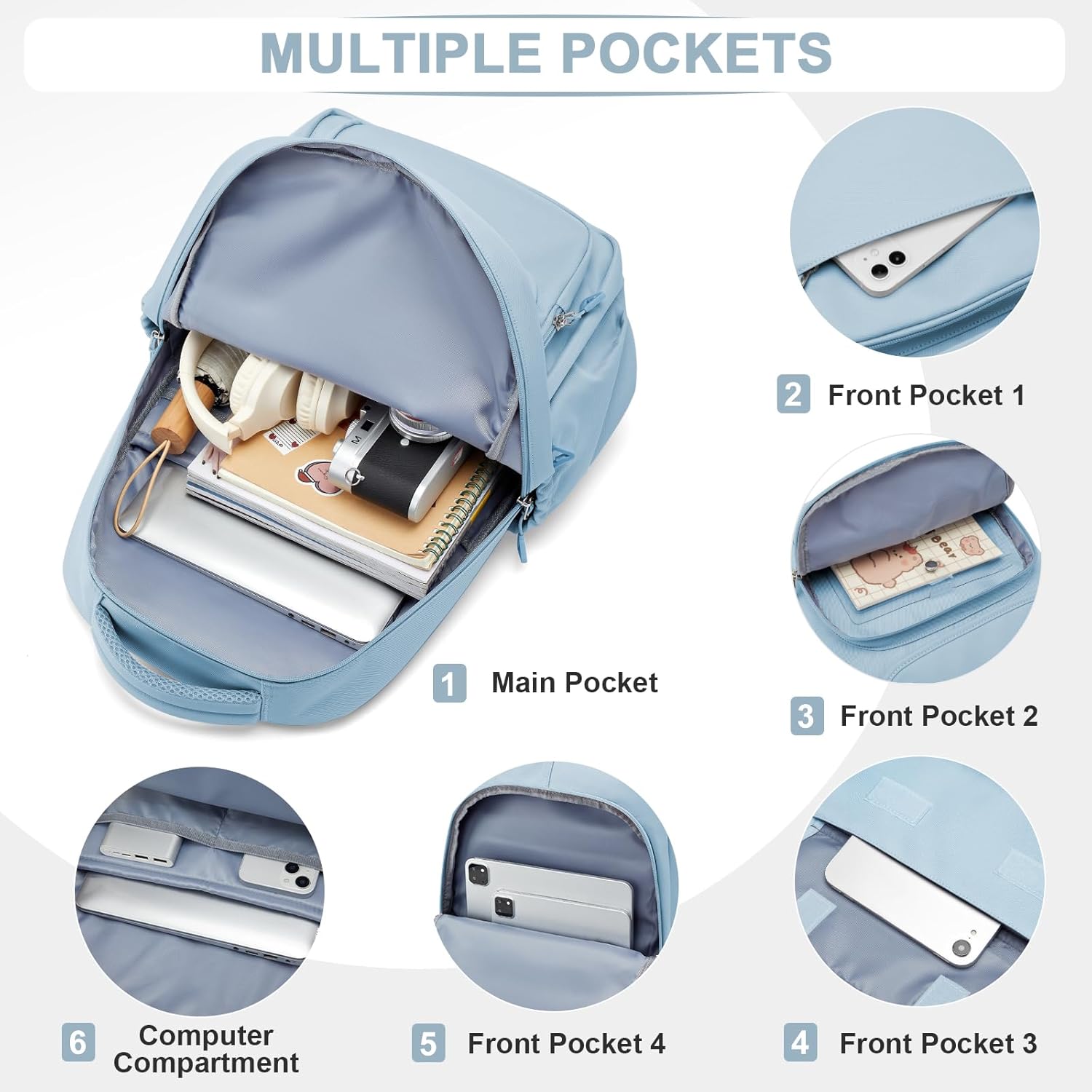 Cute School Backpack for Teens Girls Boys Waterproof School Bag Basic Backpack for College Students Multi Pocket Backpack Lightweight Casual Daypack Backpacks for Women Men(Blue) - Image 3