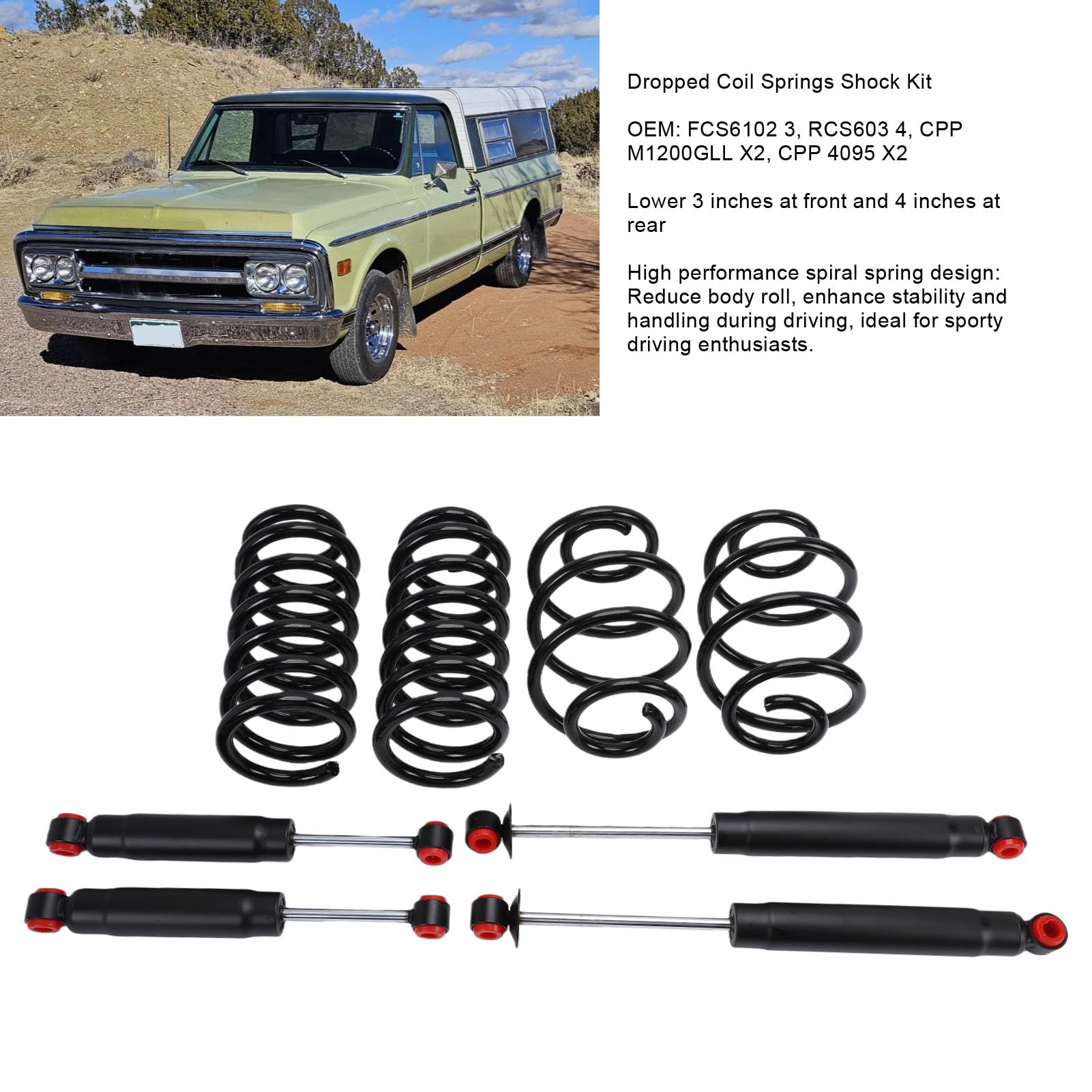 Naroote Zestaw Amortyzatorów Obniżonych Sprężyn śrubowych do CHEVY C10 1963-1972, Sportowy Wygląd, Zwiększona stabilność, Przód 3 Cale tył 4 Cale dla Entuzjastów Samochodów