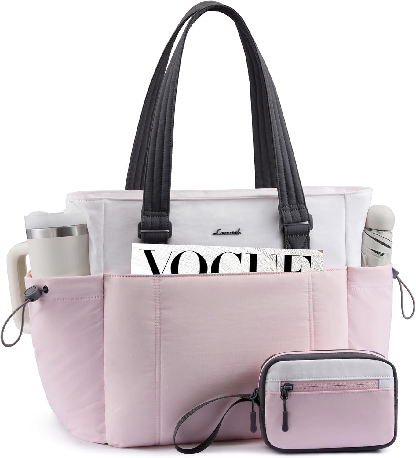 LOVEVOOK Tote Bag for Women, Puffy Work Tote with Large Cup Holder, Quilted Laptop Bag Travel Tote Shoulder Bag Handbag