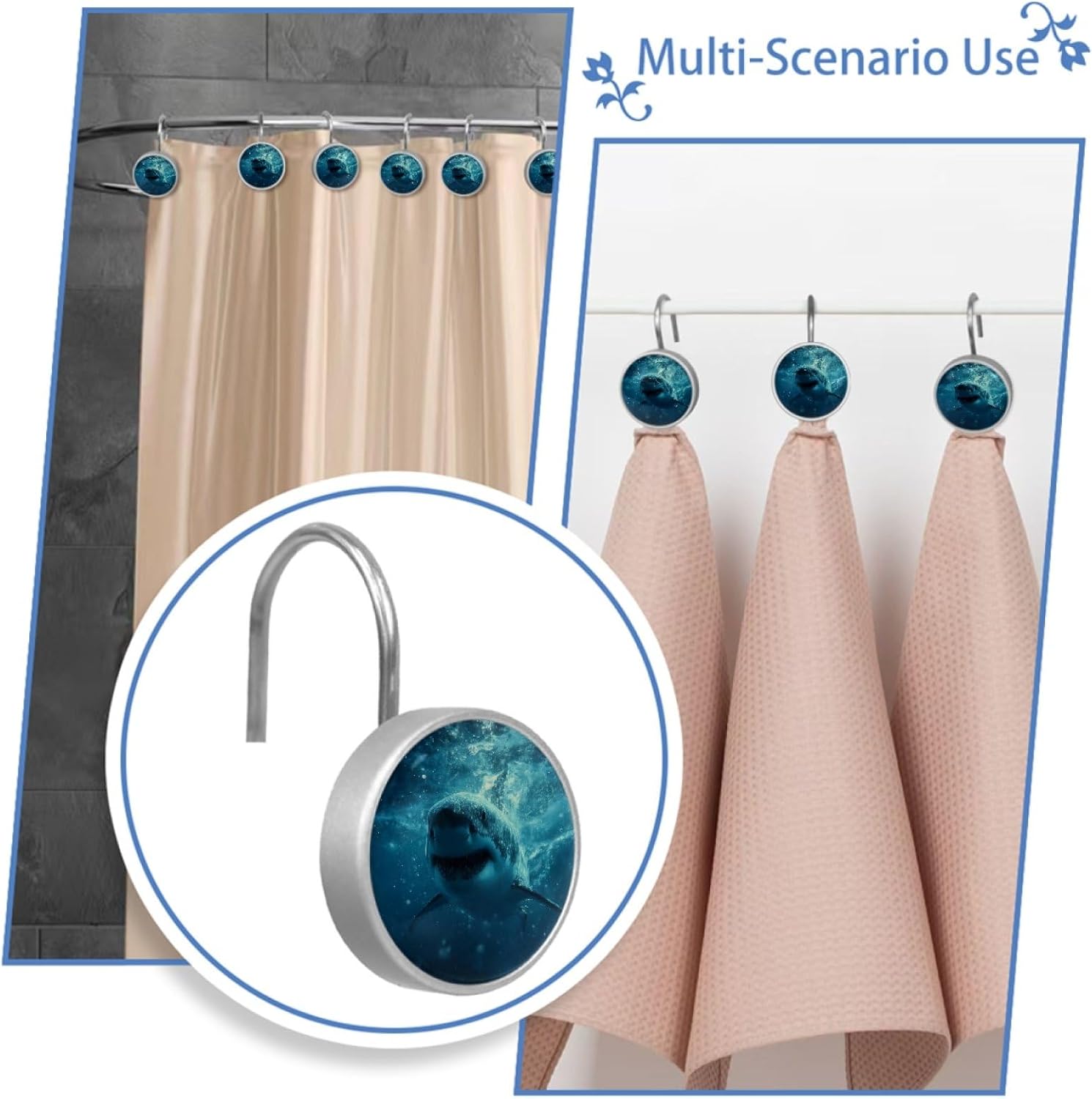 Ocean Shark Shower Curtain Hooks Rings, Round 12 Pcs Resin Glass Shower Curtain Hangers for Bathroom, Rust Proof Stainless Steel Shower Hooks for Shower Curtain Rod