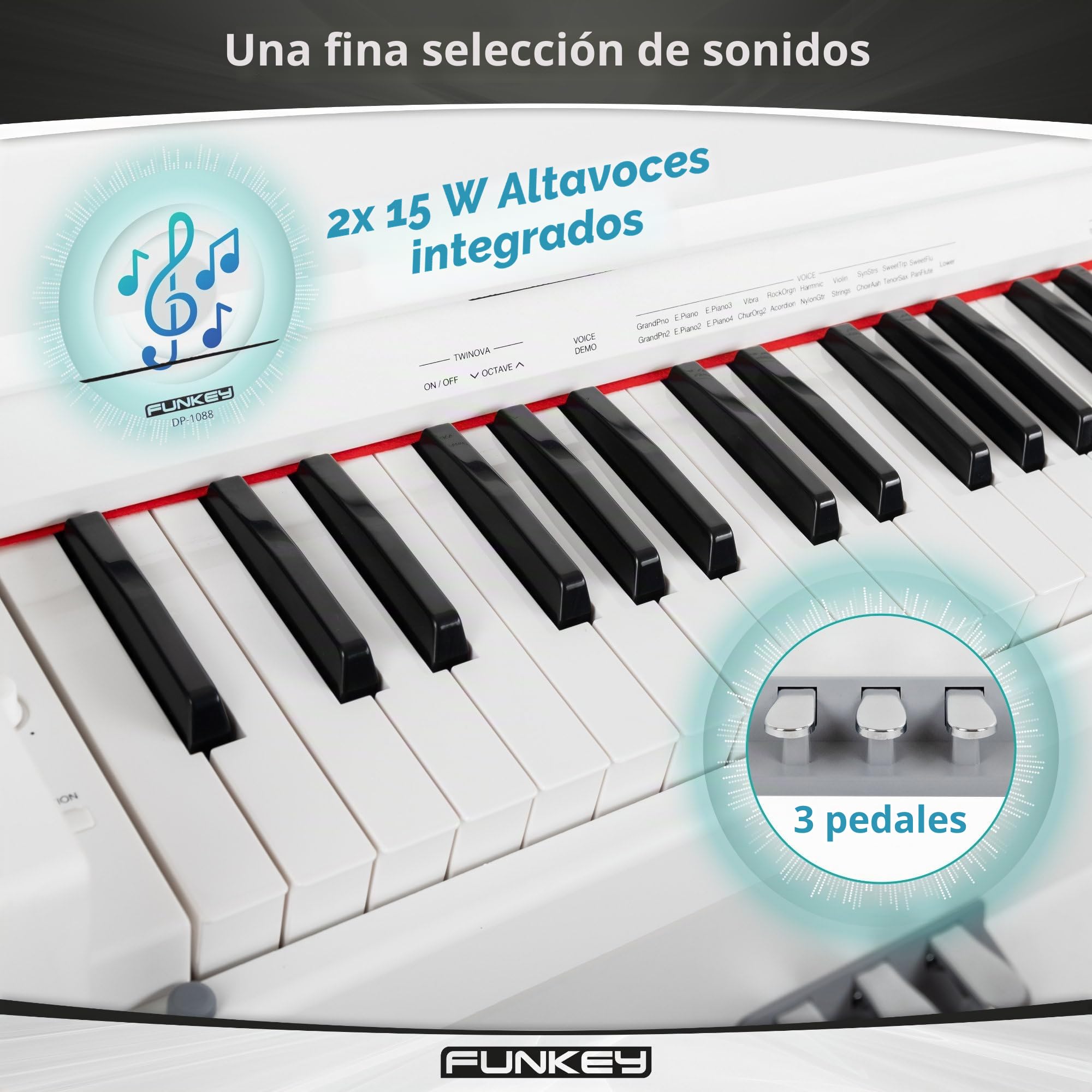 Funkey DP-1088 WM Piano digital set - 88 teclas teclado delgado sensibles al tacto - 20 sonidos, incluida pedalera - Con banco y auriculares - Blanco mate