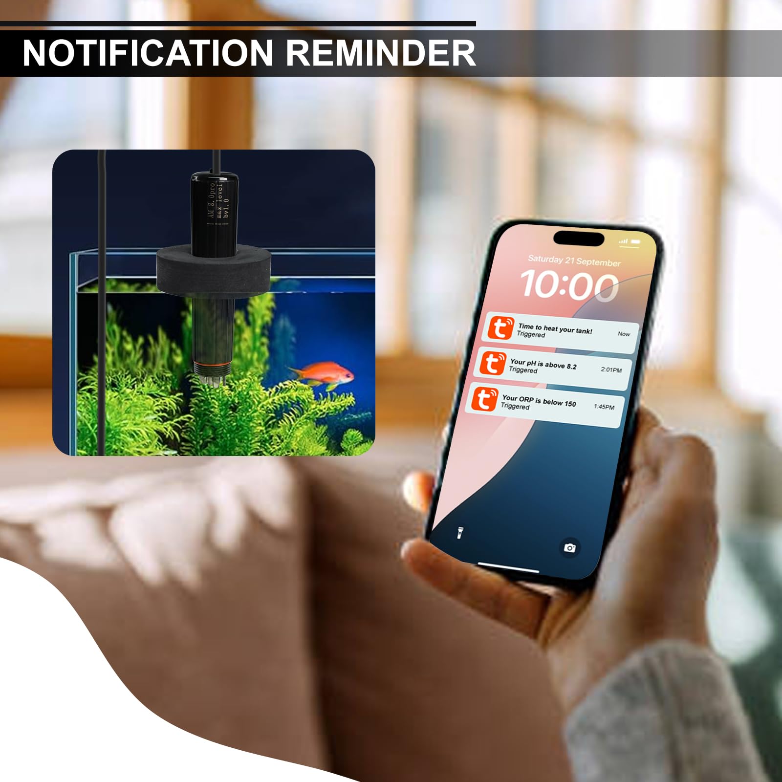 Probador de calidad del agua 7 en 1 WiFi sonda de acuario monitor de agua para pH, temperatura, TDS, salinidad, EC, ORP, S.G con alertas en tiempo real a través de la aplicación para peceras