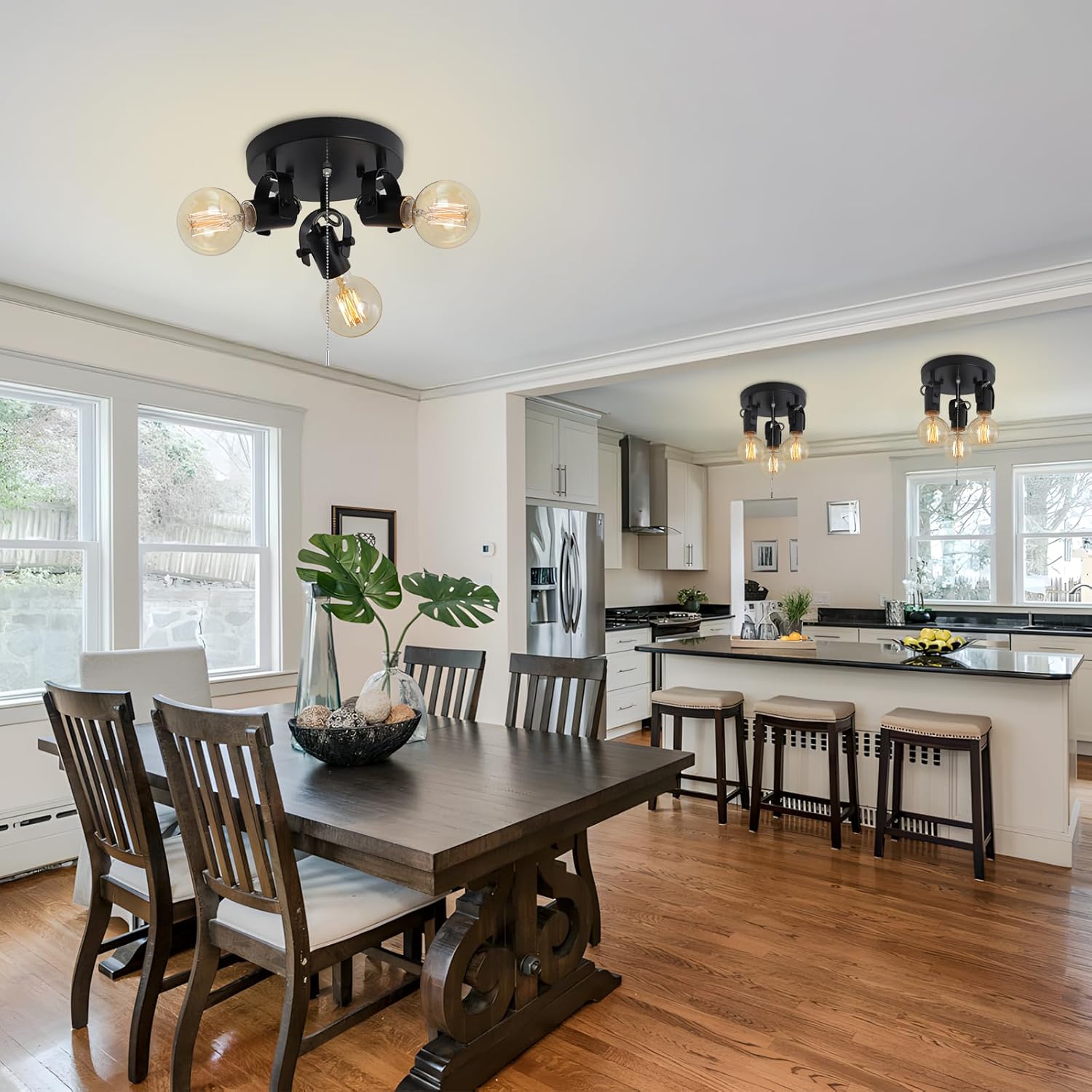 SEEBLEN 3 Light Flush Mount Ceiling Light with Pull Chain, Industrial Kitchen Ceiling with Rotatable Light Head,Black Pull Chain Spotlight for Bedroom Hallway Kitchen Laundry