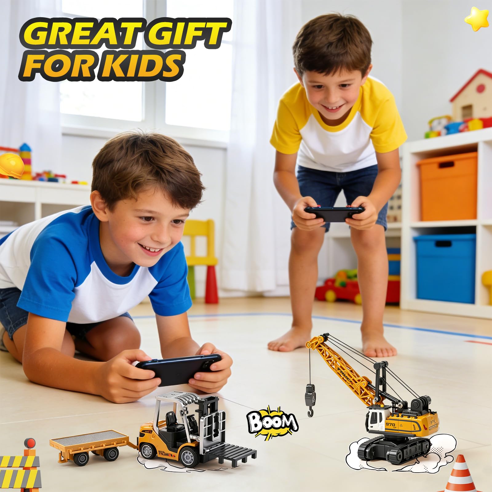 Mini Carrello Elevatore Giocattolo in Metallo con Rimorchio, 1:64 Carrello Elevatore Telecomandato con App e Telecomando 2,4 GHz, 3 Velocità, Forche, Gancio e Pallet, Veicolo da Cantiere RC