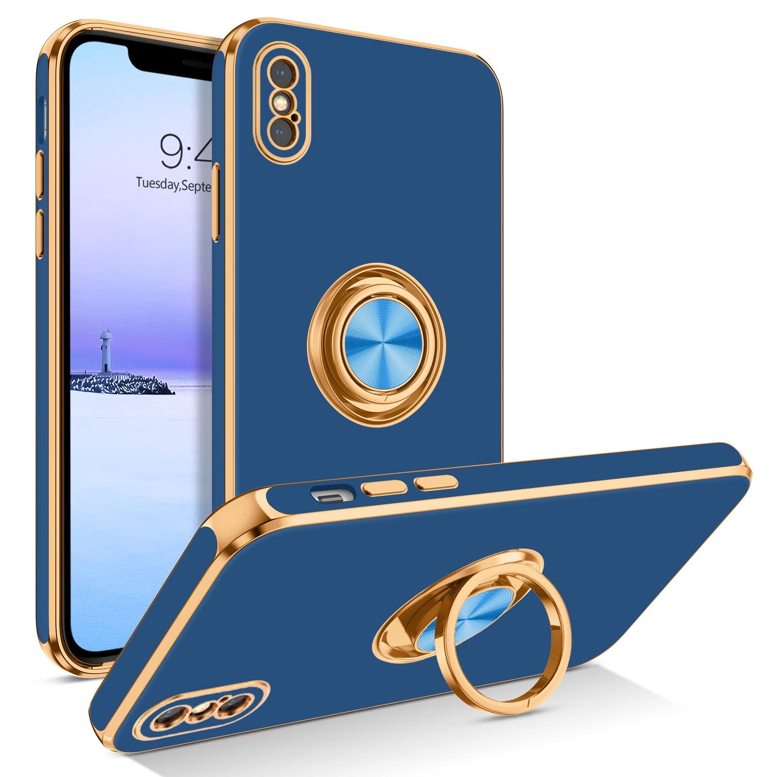 BENTOBEN for iPhone Xs Case, Phone Case iPhone X, Slim Fit Kickstand Ring Holder Design Shockproof Protection Soft TPU Bumper Drop Protective Girls Women Boys iPhone 10 5.8" Cover, Deep Blue/Gold