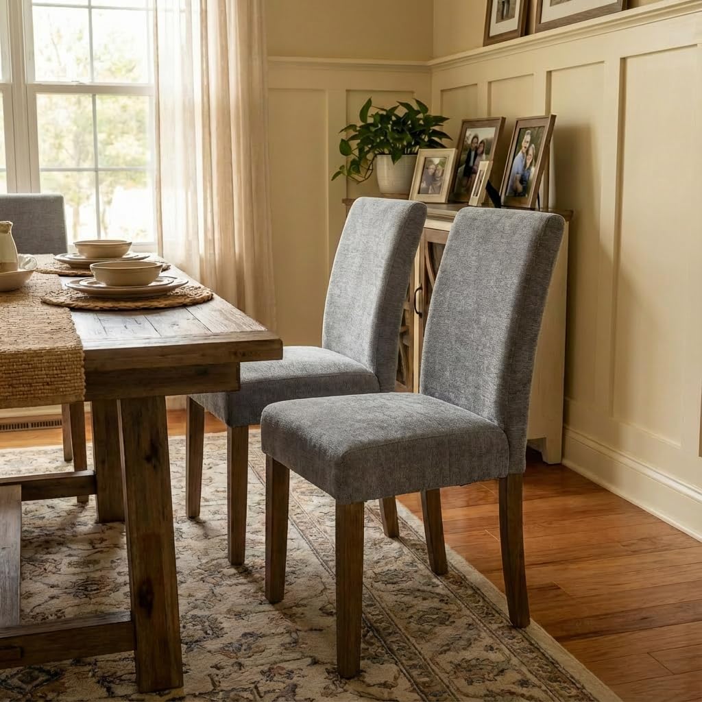 YOUNIKE Upholstered Fabric Dining Chairs Set of 2 High Back Mid-Century Modern Kitchen Dining Chairs with 4.7" Padded Cushion Solid Wood Legs Armless Design for Dining/Waiting Room Bedroom Grey