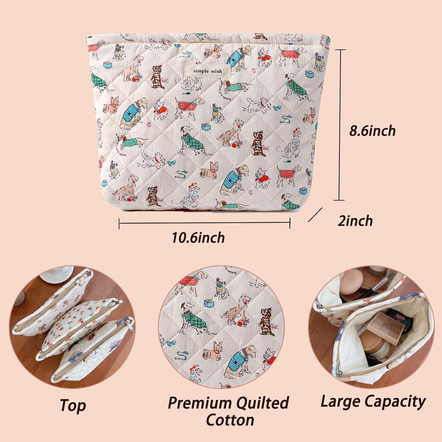Quilted Cotton Makeup bag Cute Animal Cosmetic bag,Cotton Aesthetic Makeup Bag Large Capacity Travel Toiletry Bag for Women and Girls(01Dog) - Image 2