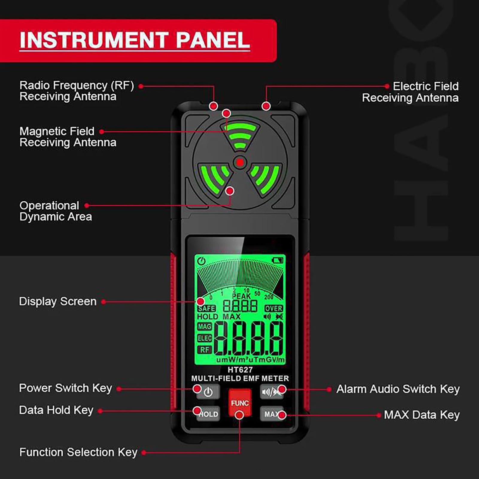 HT627 Miernik EMF Detektor Promieniowania 3 w 1 dla RF EF MF z Czujnikiem Osi 5G WiFi Alarm do Testów Paranormalnych w Domowym Biurze (Wersja standardowa HT627)
